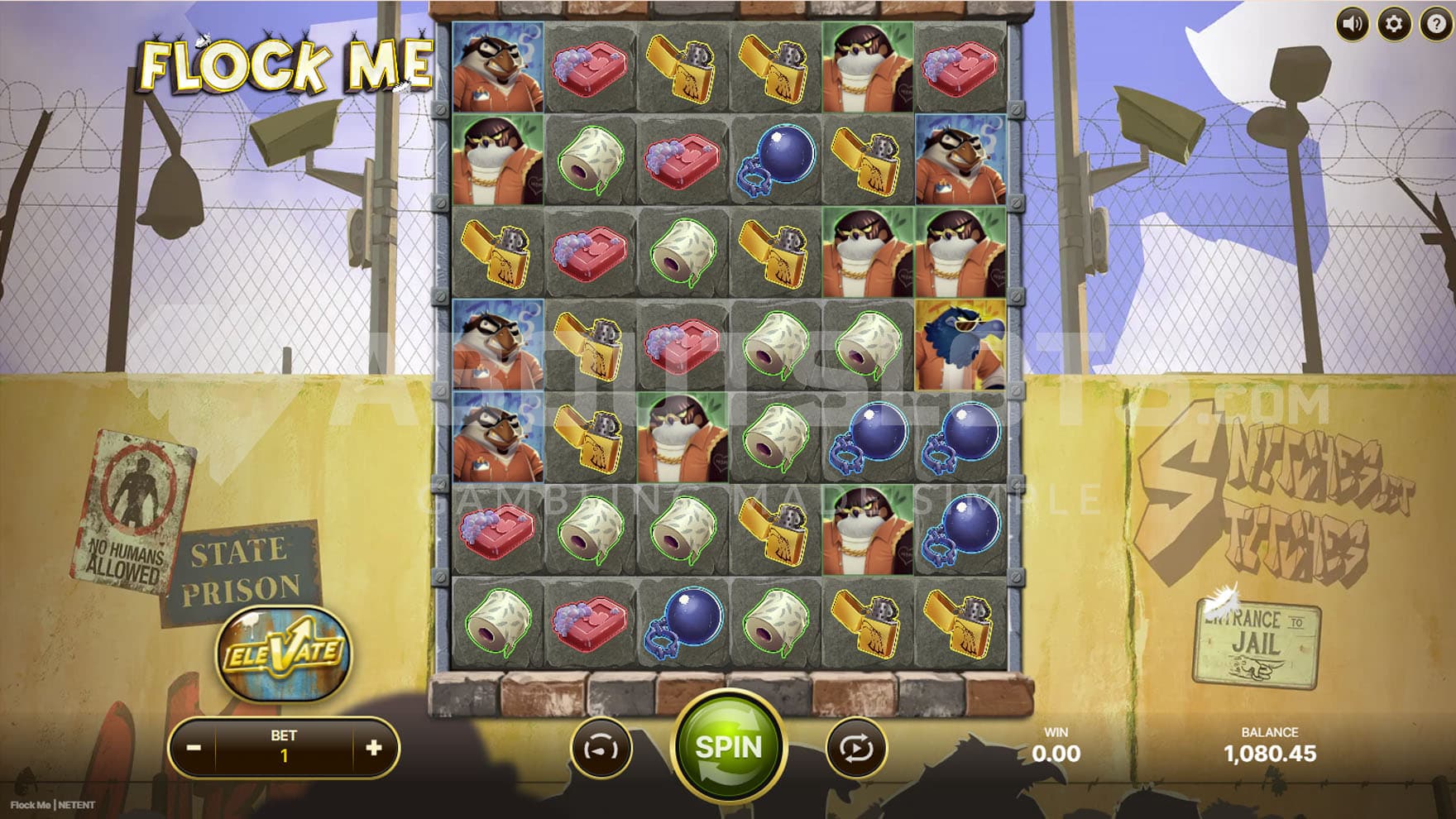 Base Game view of a 6x7 grid on a backdrop of a cartoony prison wall with fence and barbed wire.