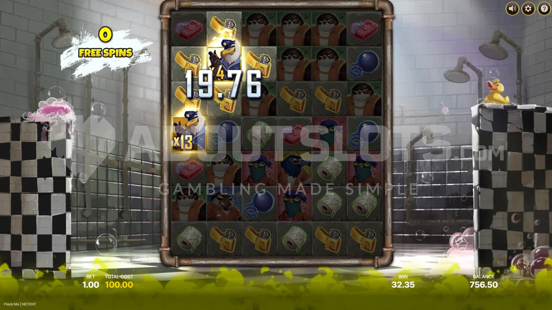 Free Spins bonus in progress, showing a win being created with the use of two Multiplier Wilds with multipliers of x13 and x4.