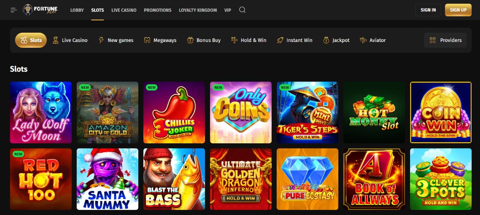 Fortune Play Casino games page with slot titles under black and gold game categories