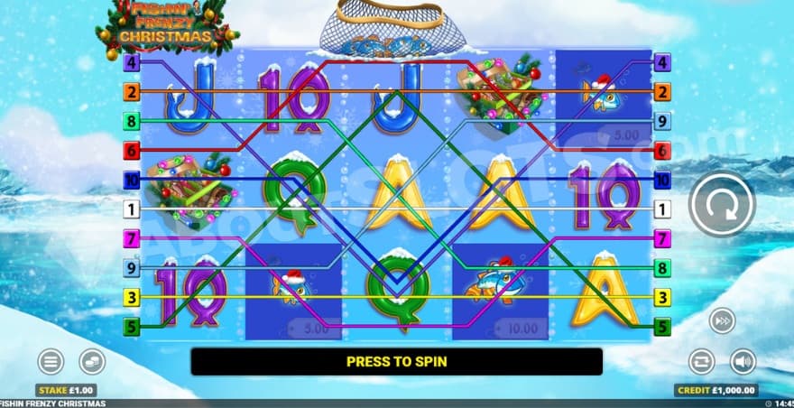 A fishing casino slot in a winter landscape.