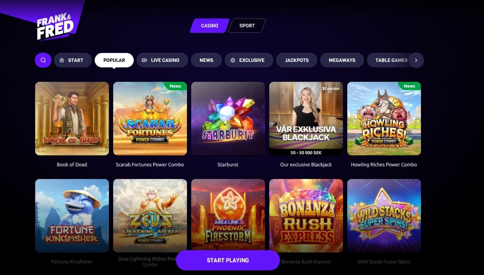 Frank&Fred Casino games page featuring popular slots like Book of Dead and Starburst