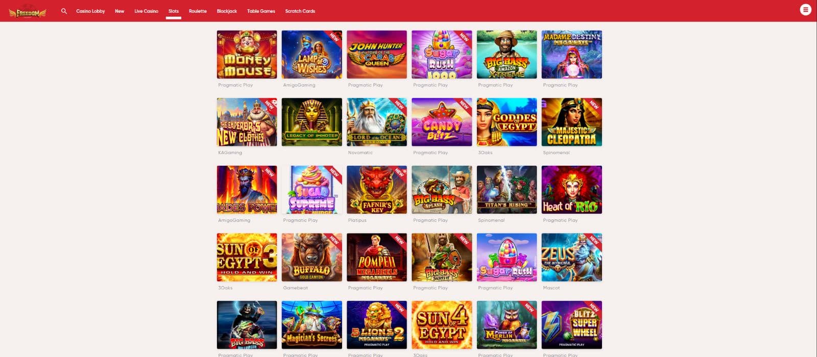 Freedom Casino games page showing a selection of slots and the games menu on top