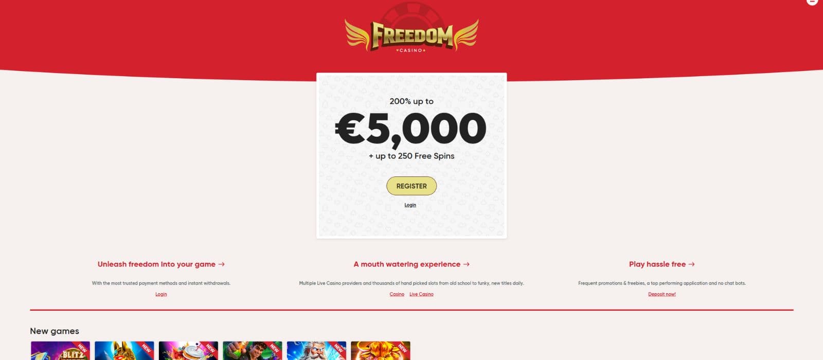 Freedom Casino landing page showing the welcome offer and a few slots