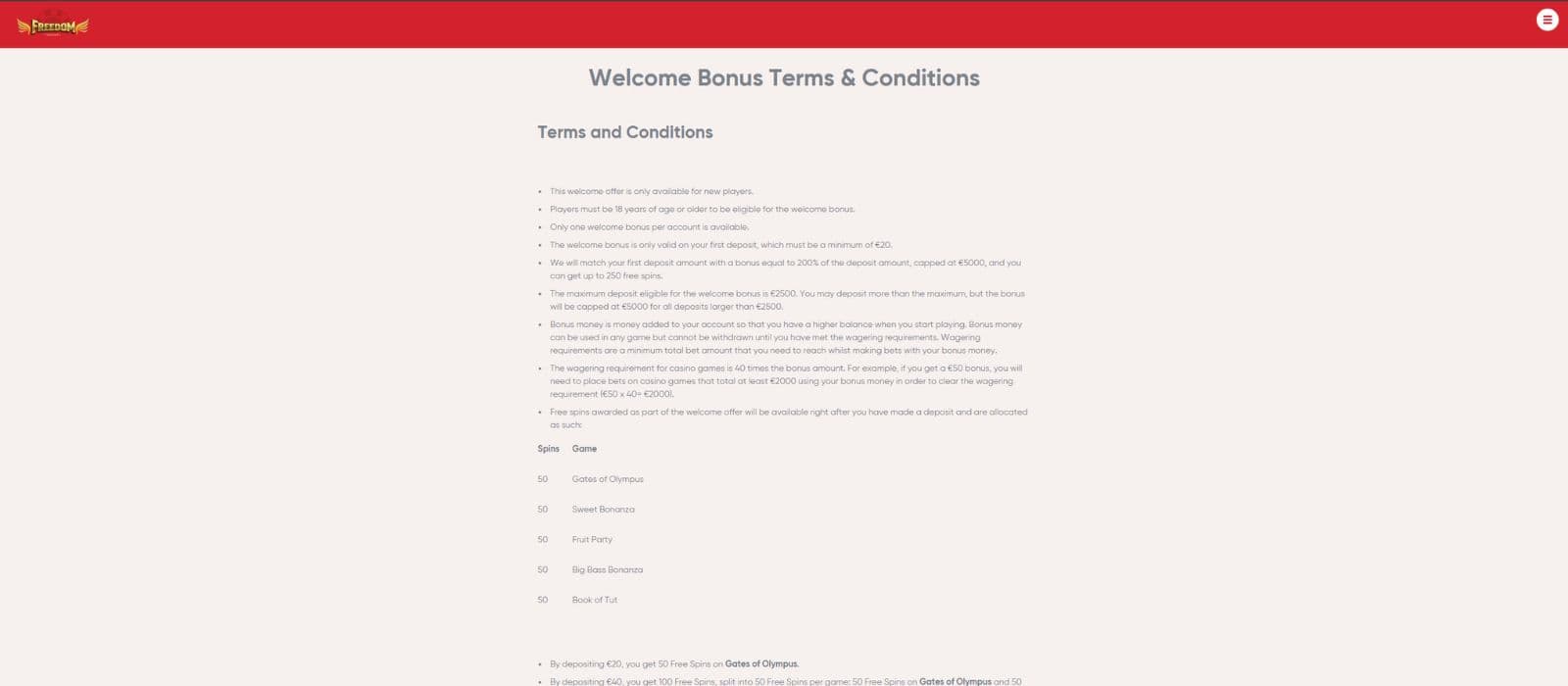 Freedom Casino welcome bonus promotions page showing the terms and conditions for the welcome offer