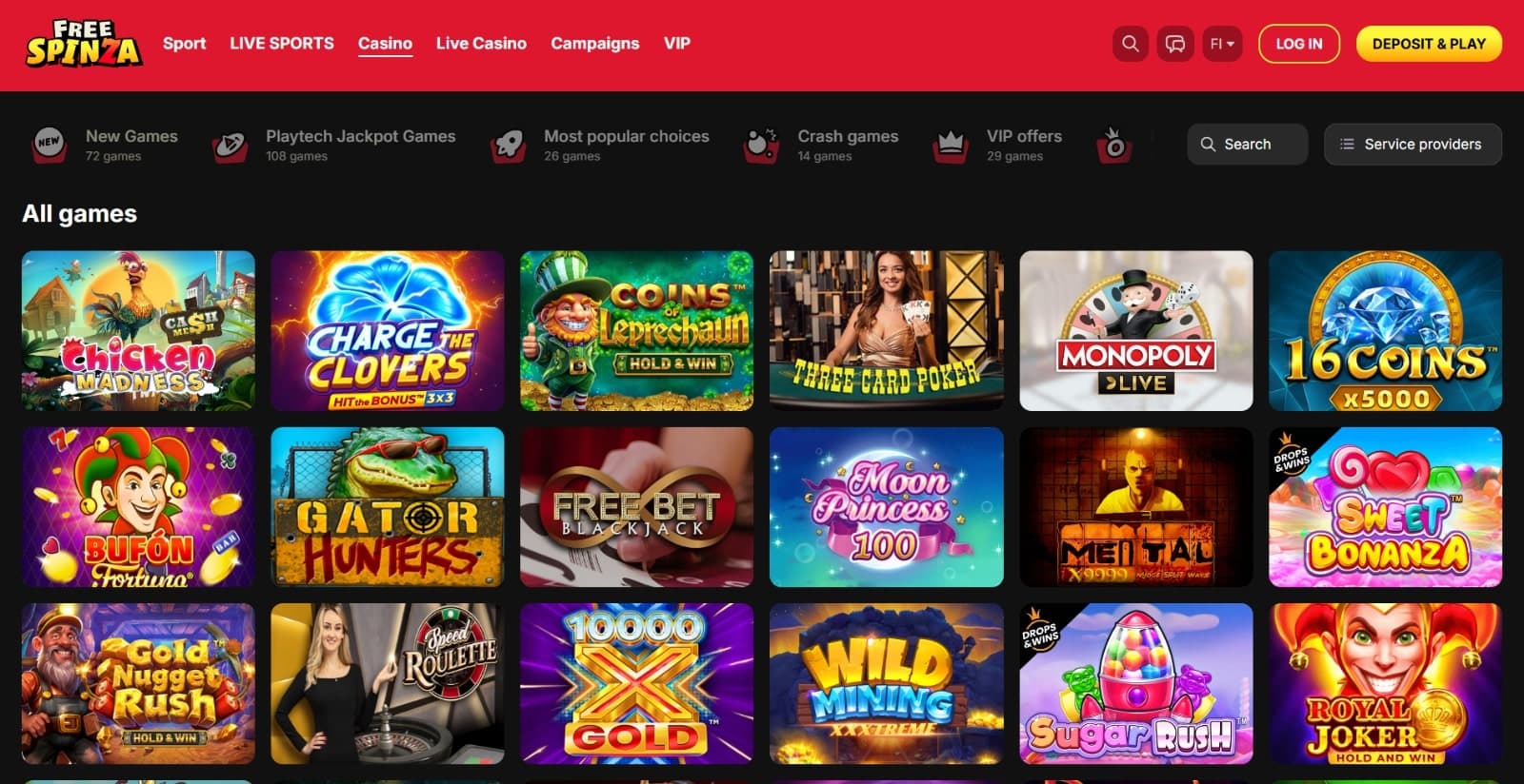 Free Spinza Casino's games page featuring slot icons under game tab categories, search bar and provider filter