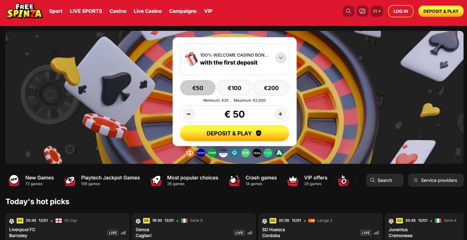 Free Spinza Casino's landing page with the sign up form, game categories and weekly hot picks