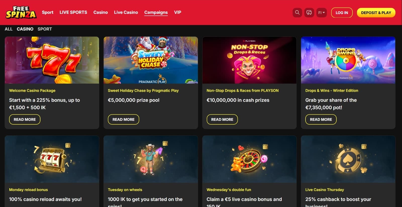 Free Spinza Casino's promotions page featuring the welcome bonus, weekly reload offers, cashback and other recurring campaigns