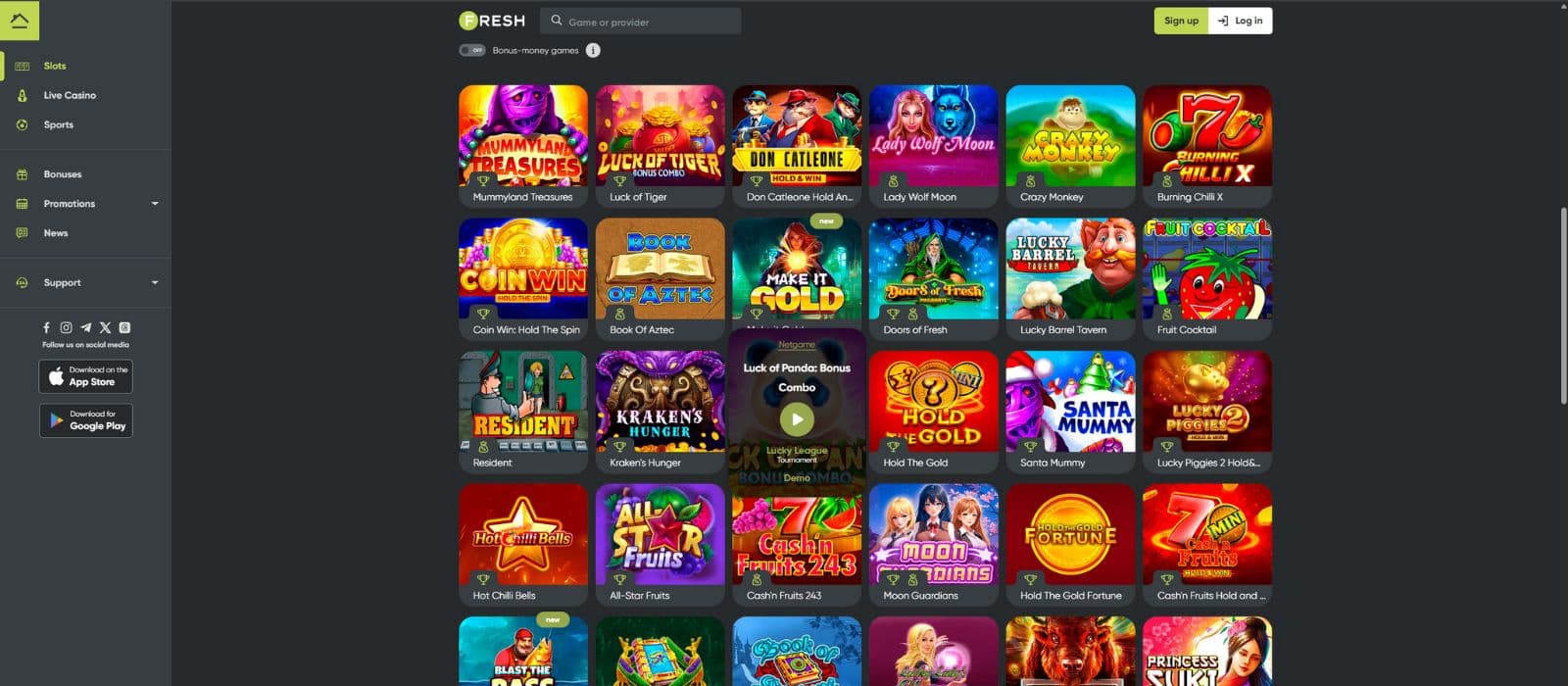 FreshCasino games page showing a selection fo slot games, search bar and the main menu ot the left