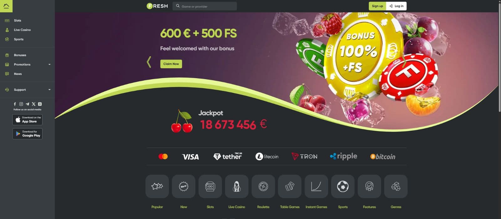 FreshCasino landing page showing the welcome bonus banner, the game categories and main menu to the left