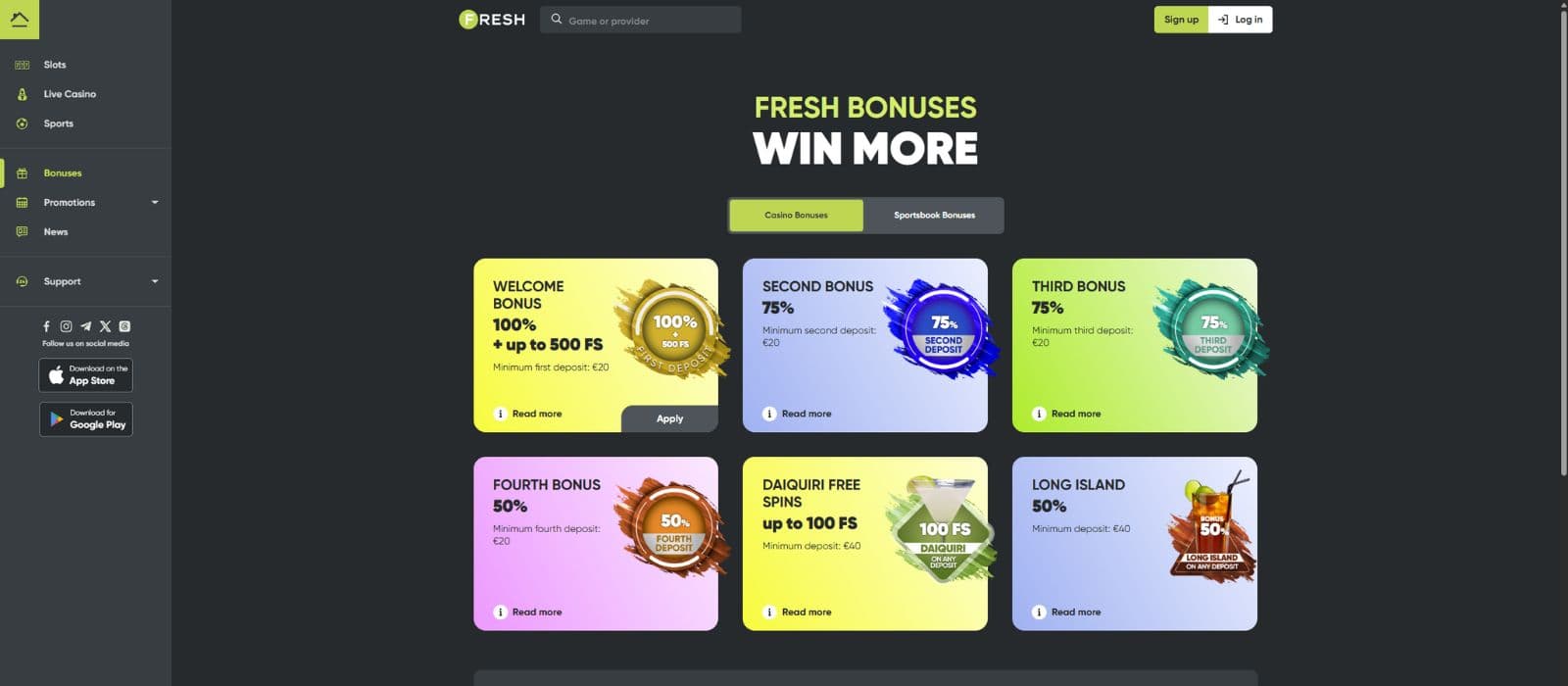 FreshCasino promotions page showing the available casino welcome offers and promotions