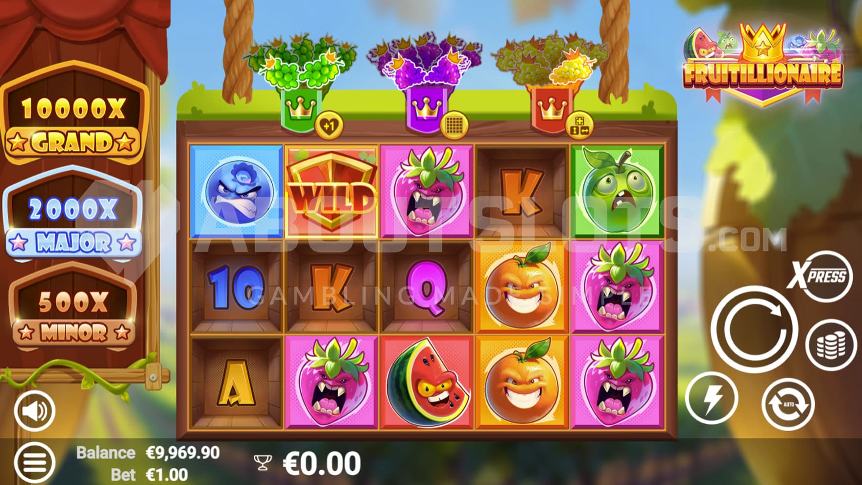 Base Game view of a 5x3 grid set in a wooden box hanging from ropes.