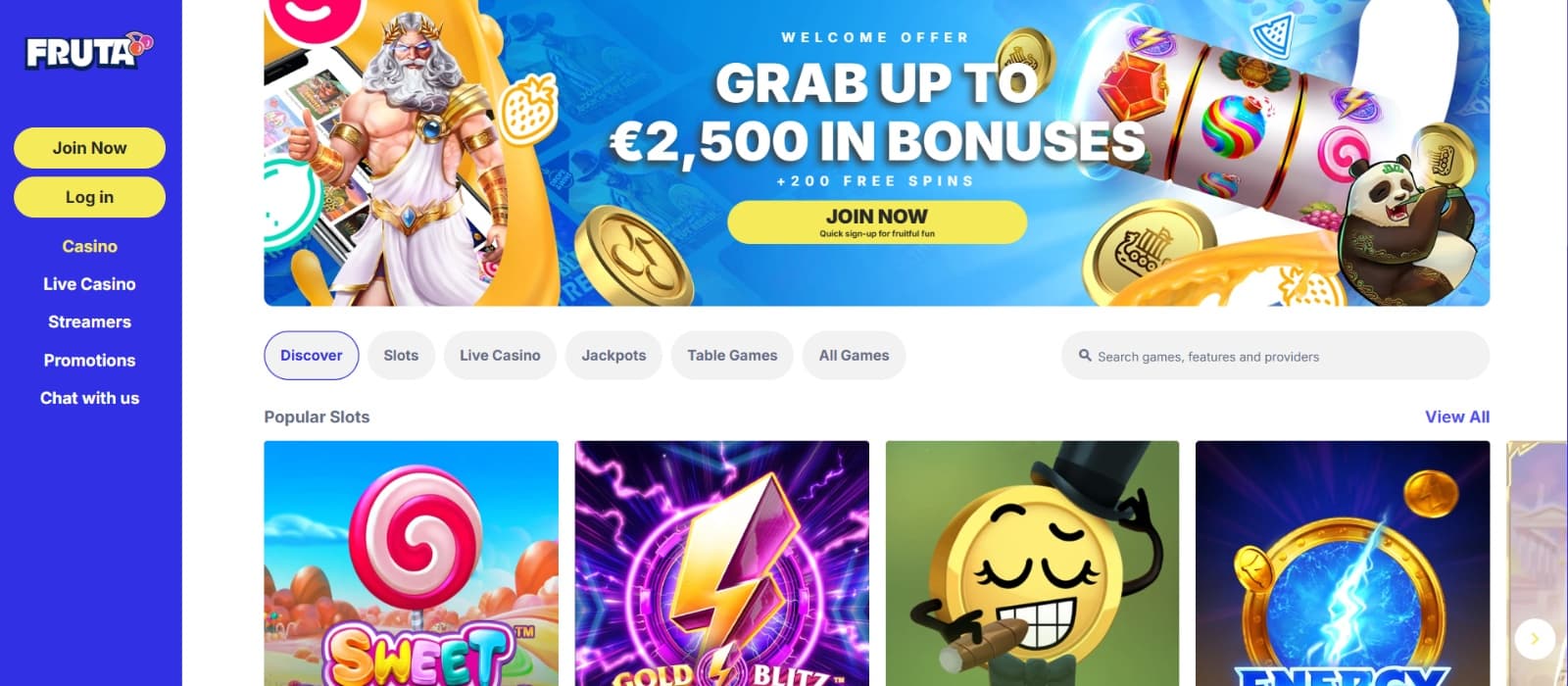 Fruta Casino landing page with 2500 euro welcome bonus banner 