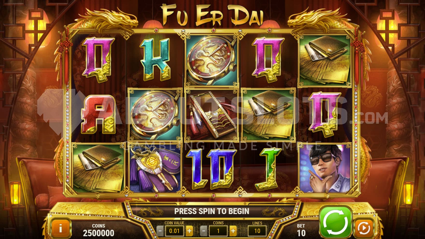 Base Game view of a 5x3 grid filled with symbols representing luxury and wealth.