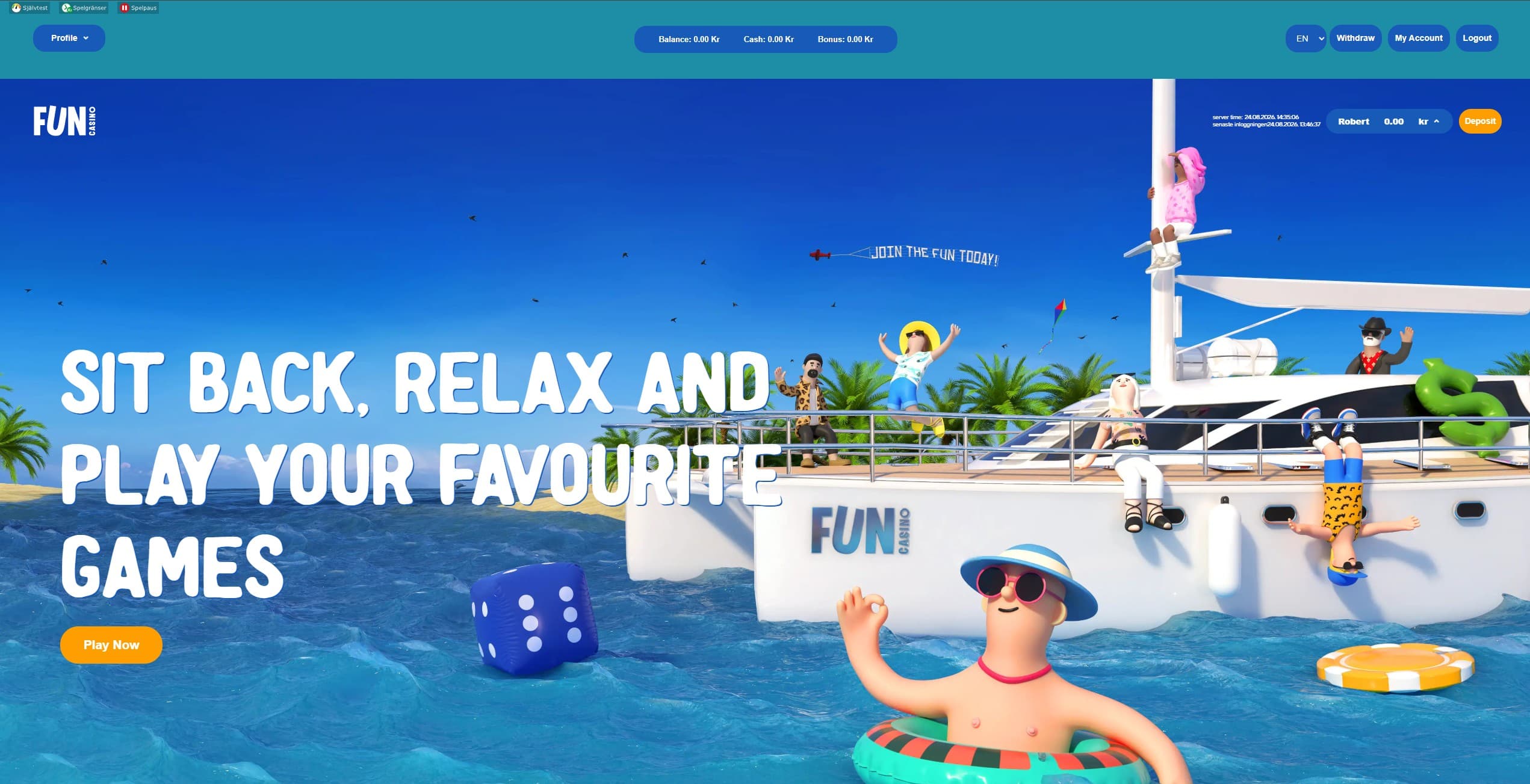 Fun Casino landing Page showing the homepage of the website