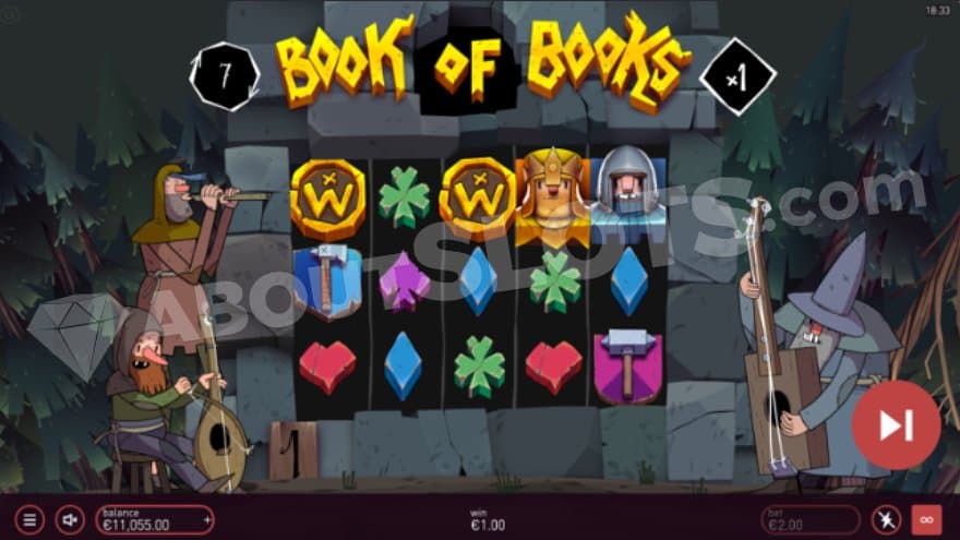 Three men dressed in medieval clothes playing instruments next to the 5 reels.