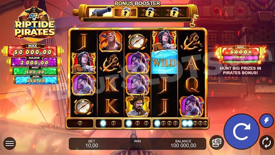 A casino slot on a burning pirate ship. 