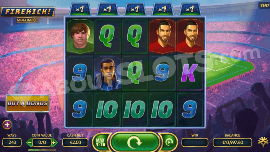 Grid of Firekick! Multimax slot with spinning reels and a stadium in the background