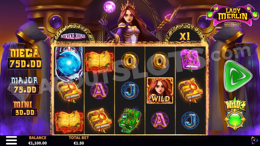 Grid of Lady Merlin Multimax slot with spinning reels and animated characters with magical powers.