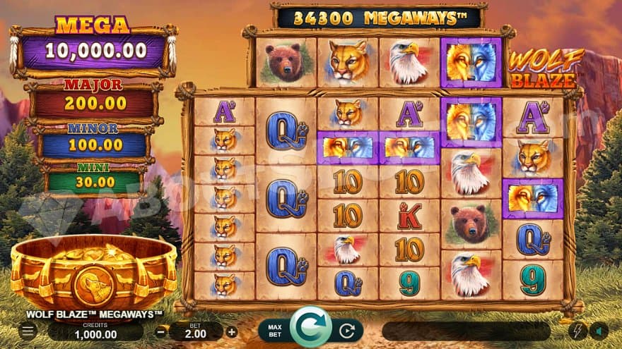 Six reels with animal symbols to the right and a bowl of gold coins to the left.