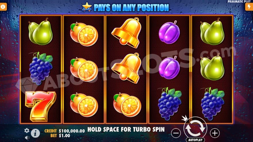 Base game with fruit symbols on the reels.