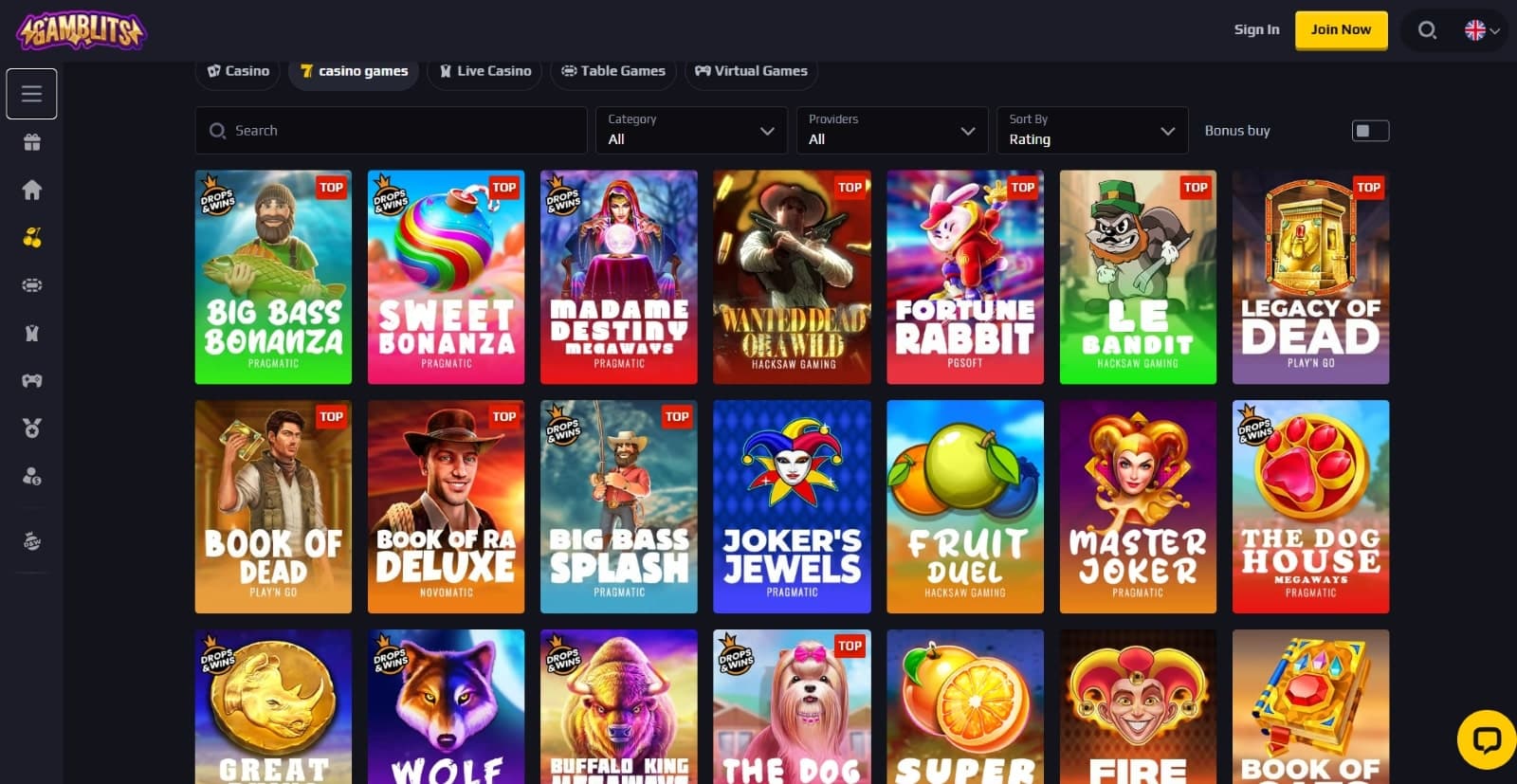 Gamblits Casino games page featuring the top casino titles including Big Bass Bonanza, Madame Destiny, Le Bandit and many others