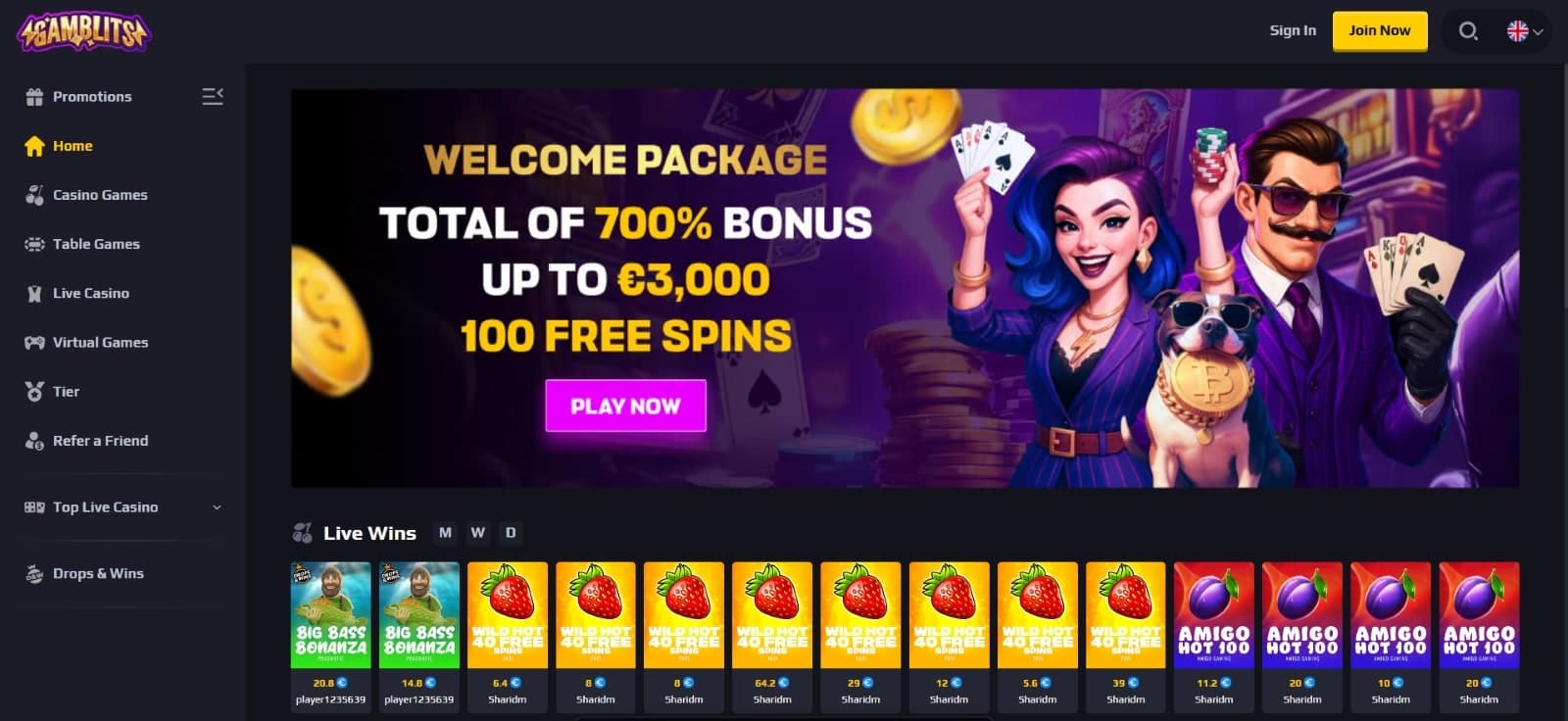 Gamblits Casino landing page with the 700% welcome bonus of 3000 euro and 100 free spins with dog, man and lady gambling characters