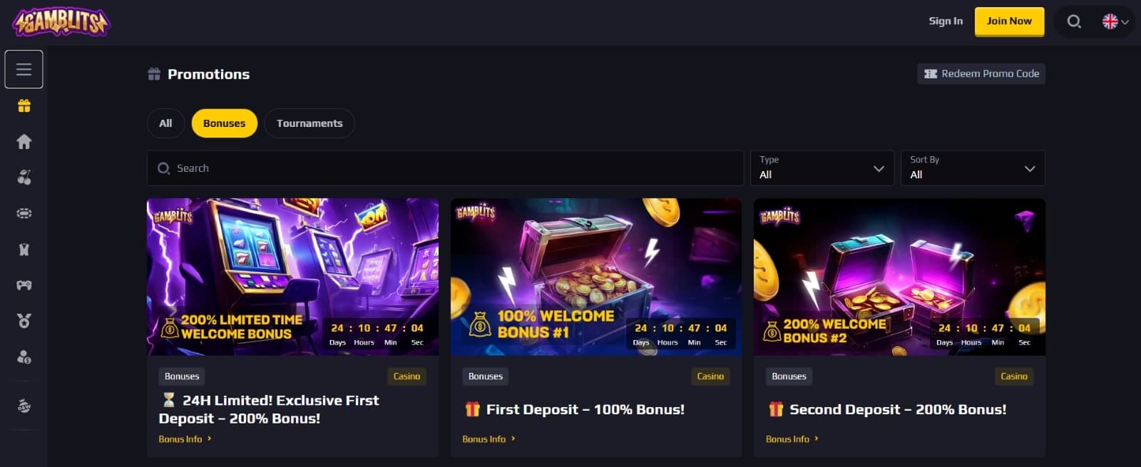 Gamblits Casino promotions page featuring 24-hour deposit bonus of 200% and regular welcome package bonus of 3000 euro