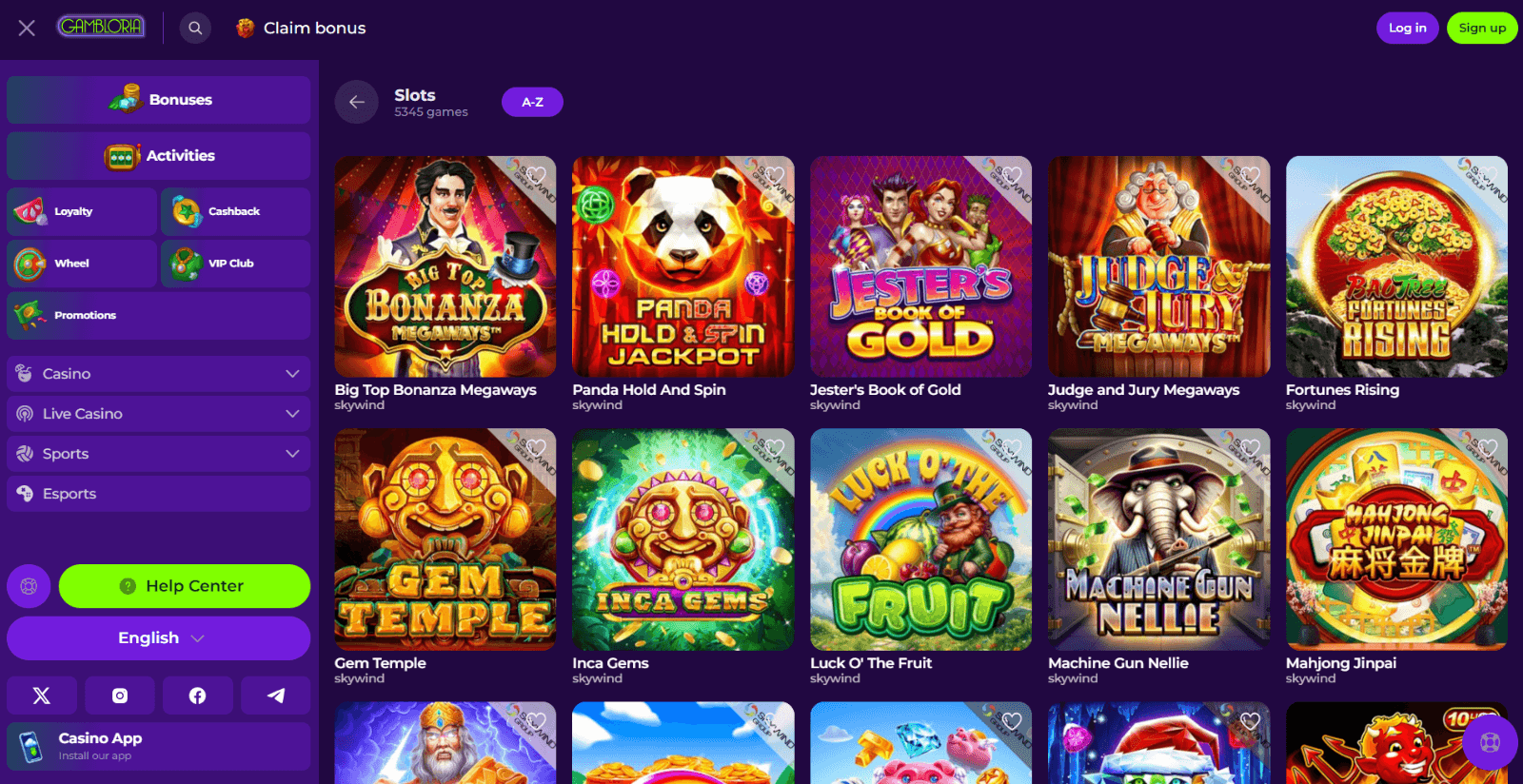 Gambloria Casino's games page with over 5,000 slot icons from top providers