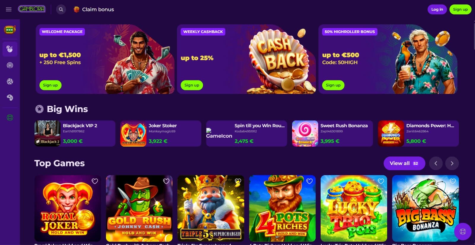 Gambloria Casino's landing page with bonus images, latest wins, and top games sections 