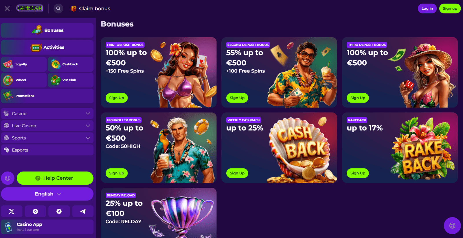 Gambloria Casino's promotions page featuring the three part welcome bonus, cashback and reload offers next to purple menu