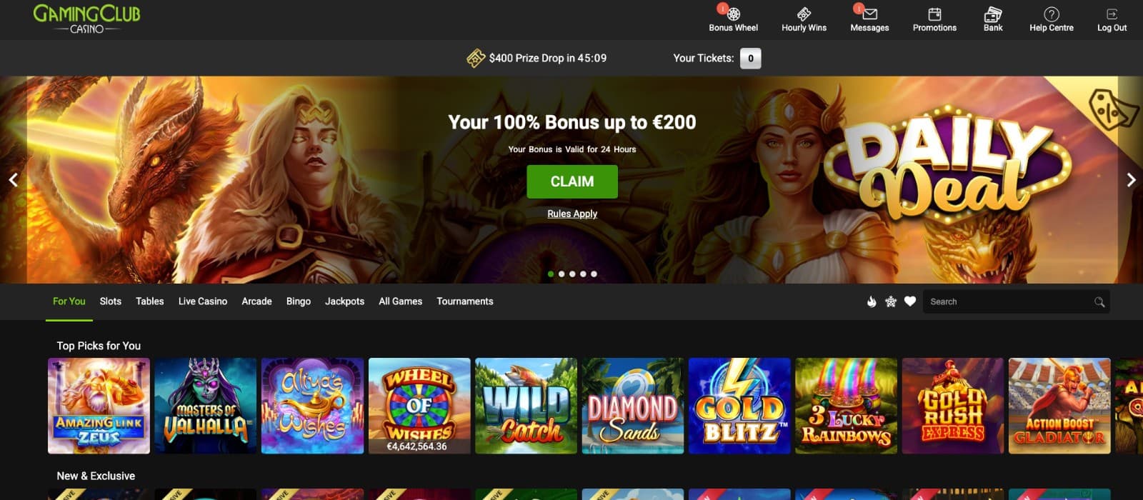 Gaming club casino promotion page showing the ongoing competitions and the leaderboard with their wins
