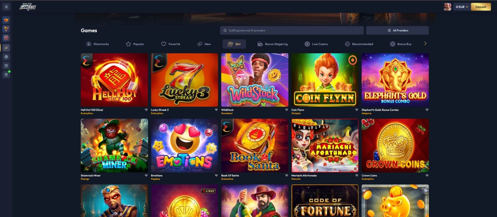 Gangsta Casino games page showing some selected slots along with the different game categories and the search function