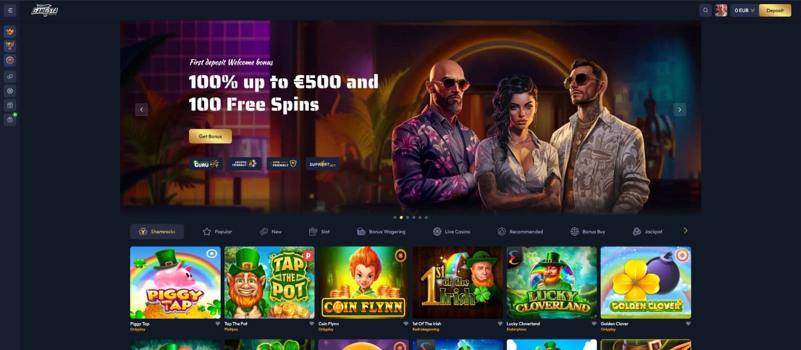 Gangsta Casino landing page showing the welcome bonus offer banner, a few selected slots and the different game categories