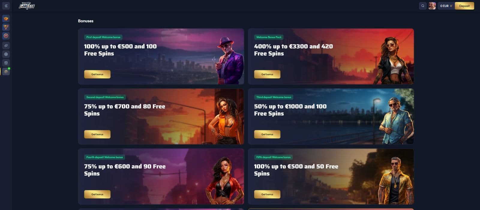Gangsta Casino promotions page showing all the available bonuses and promotions