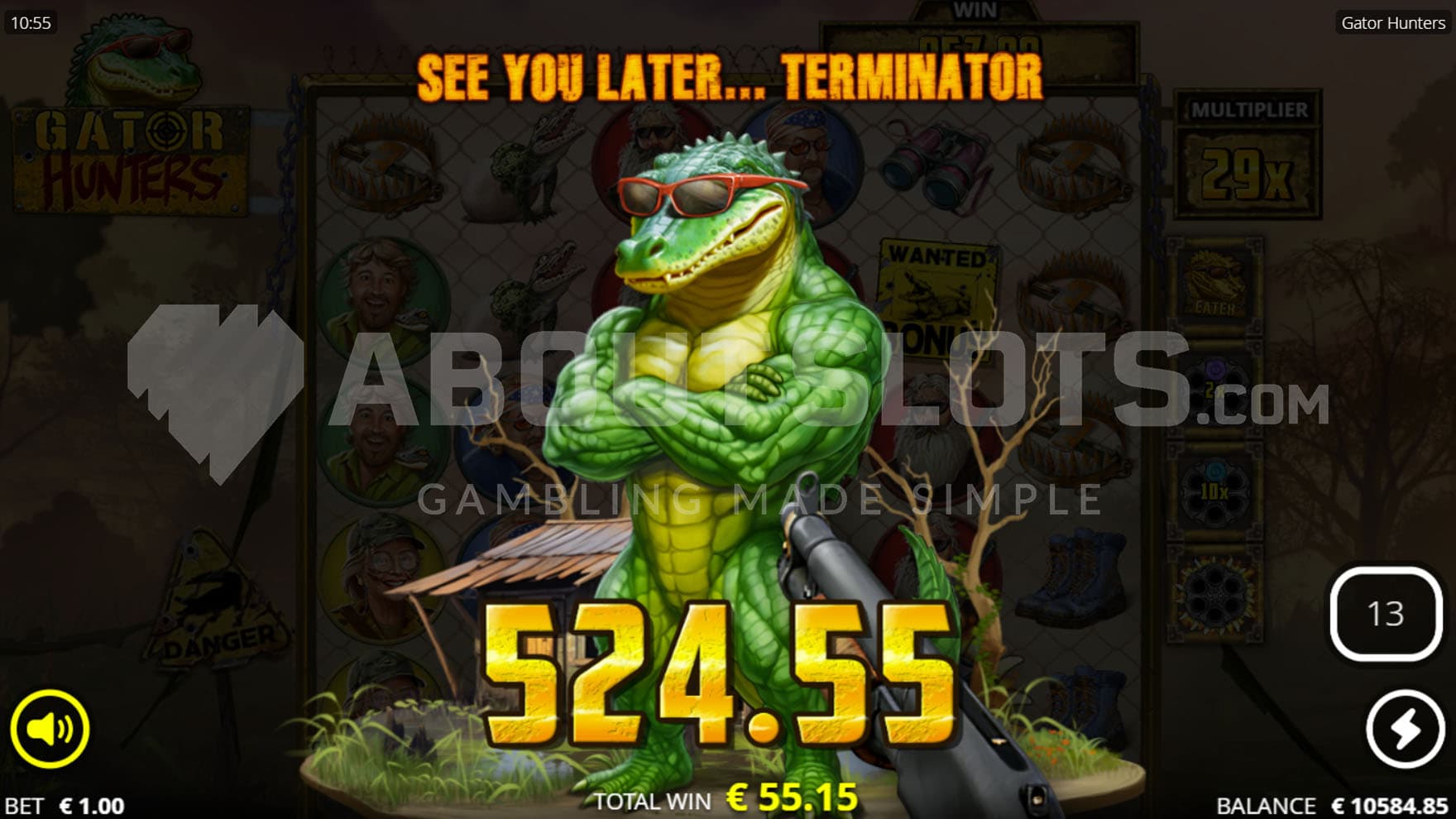 Big Win screen showing a muscular alligator in sunglasses.