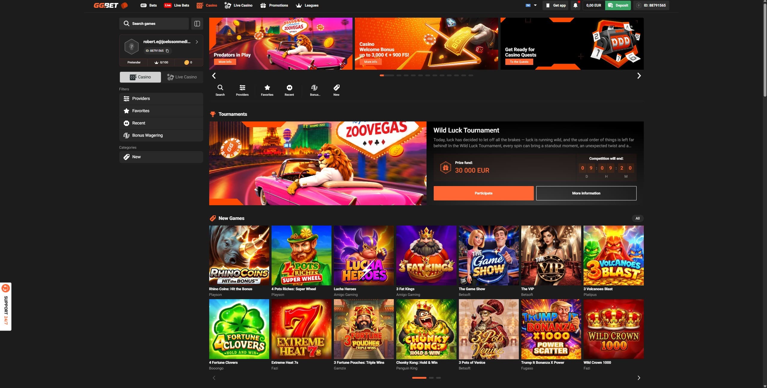 GG.bet Games Page showing a selection of slot games