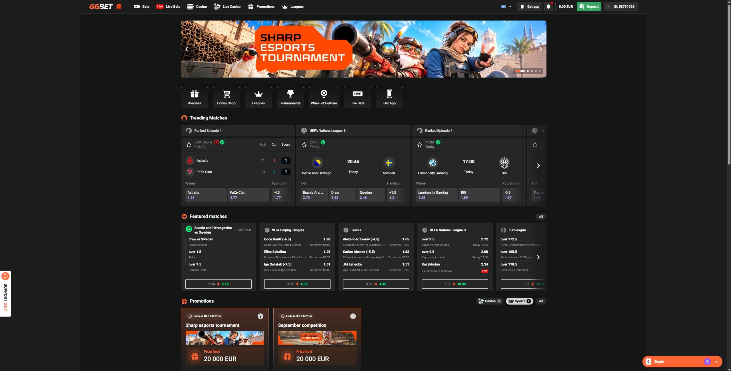 GG.Bet Landing Page showing features matches, the main menu and a few different game categories 