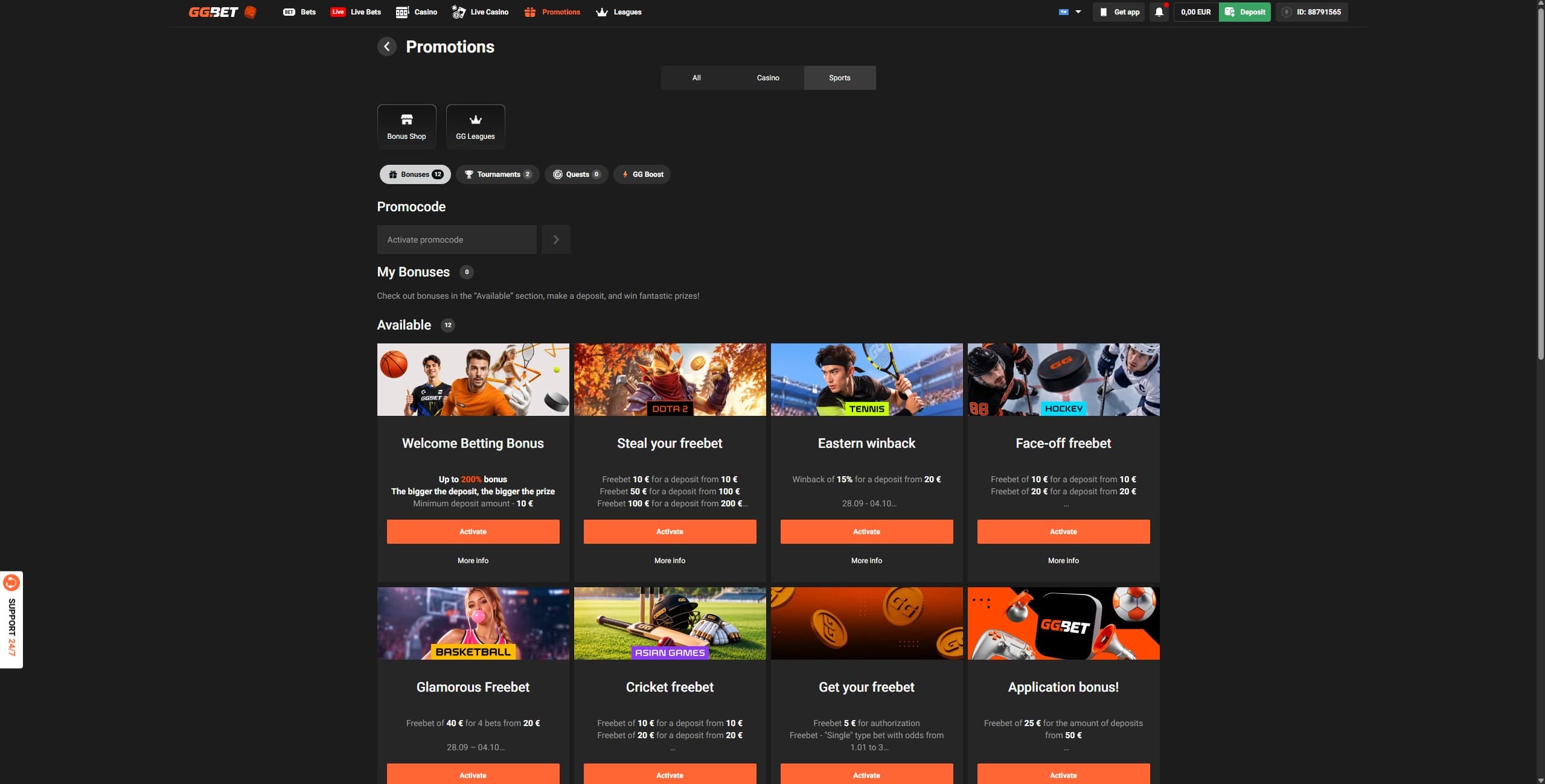 GG.bet Promotions Page showing the available bonuses and promotions