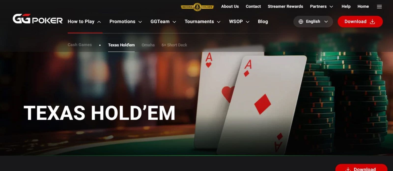 GGPoker Casino's Cash Games page, showing Texas Hold'em gaming option.