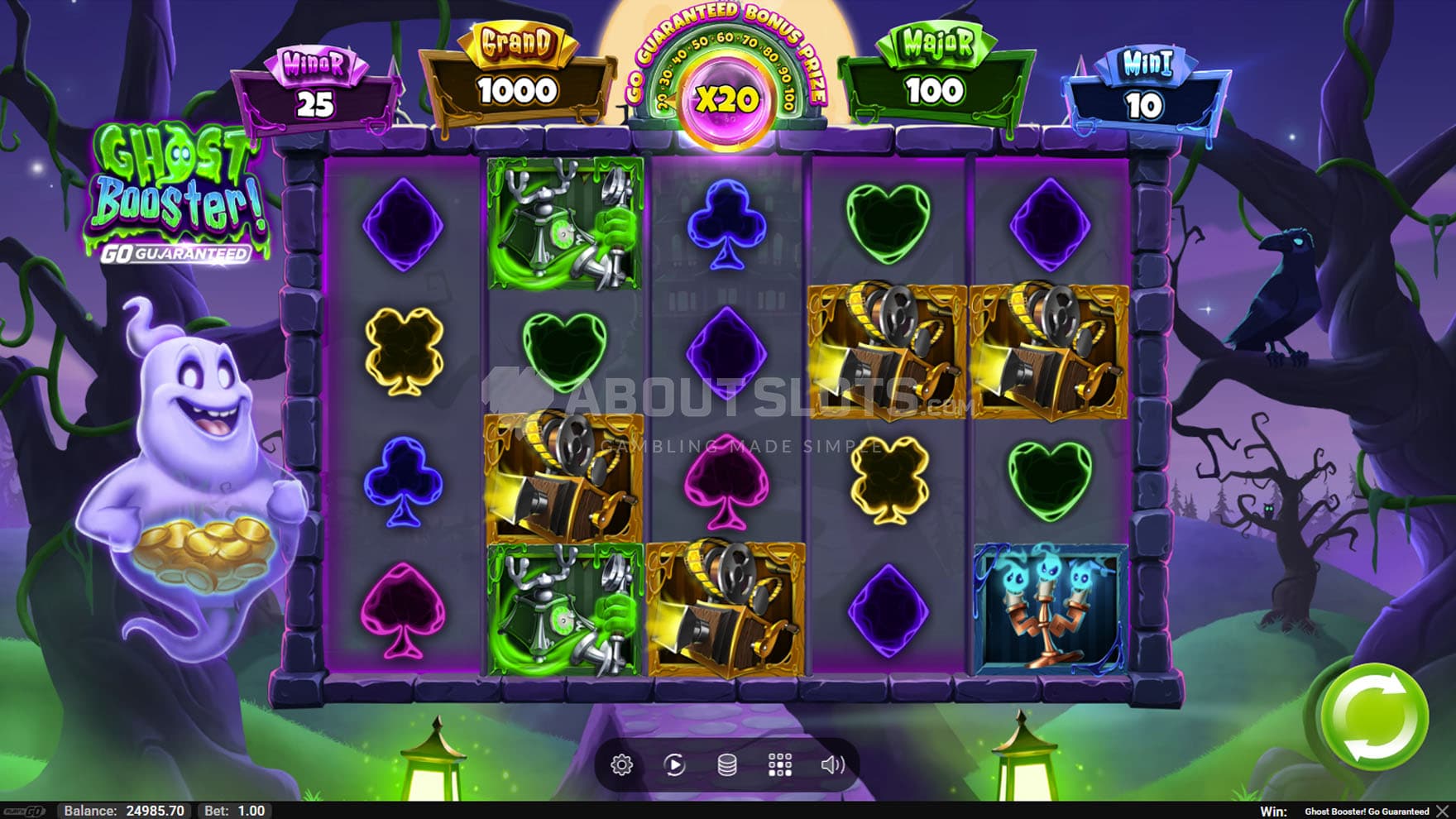 Screenshot of the base game, with a 5x4 grid on a backdrop of a dark, cartoony forest.