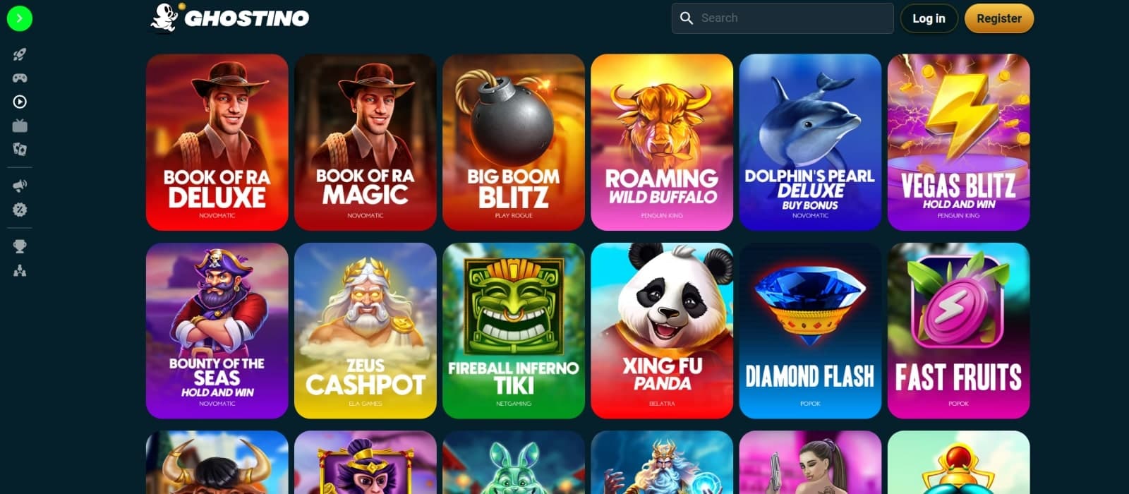 Ghostino Casino games page featuring all slot titles, including Book of Ra, Vegas Blitz, and Zeus Cashpot