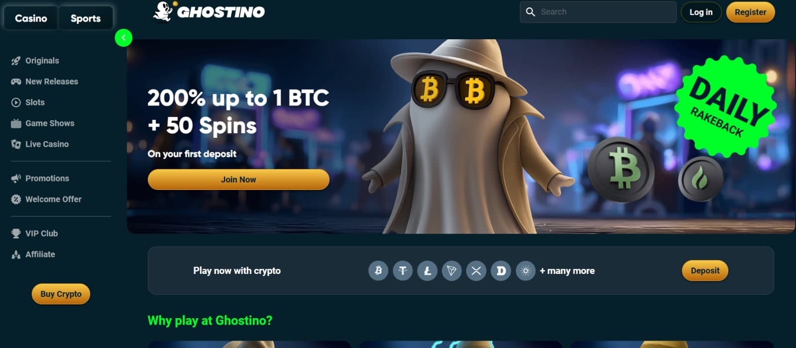 Ghostino Casino's landing page with the 200% up to 1 BTC welcome bonus with ghost character and crypto options