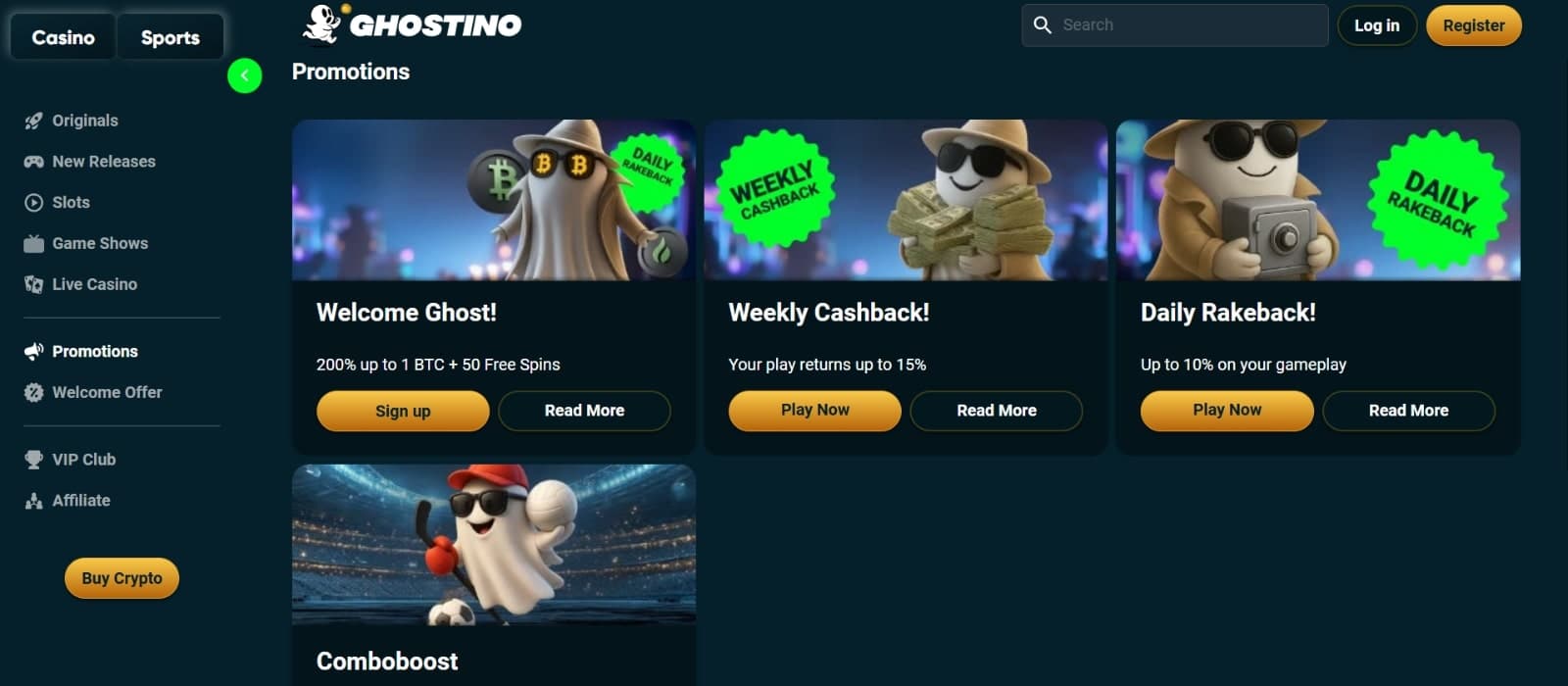 Ghostino Casino's promotions page listing the welcome bonus, weekly cashback and daily rakeback offers presented by ghost mascot