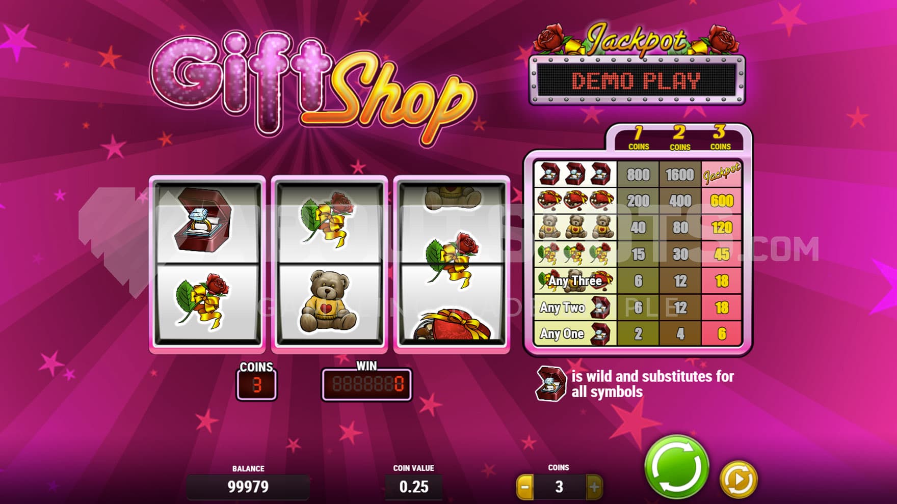 Base Game view of a 3-reel grid on a pink background with a paytable displayed on the right.