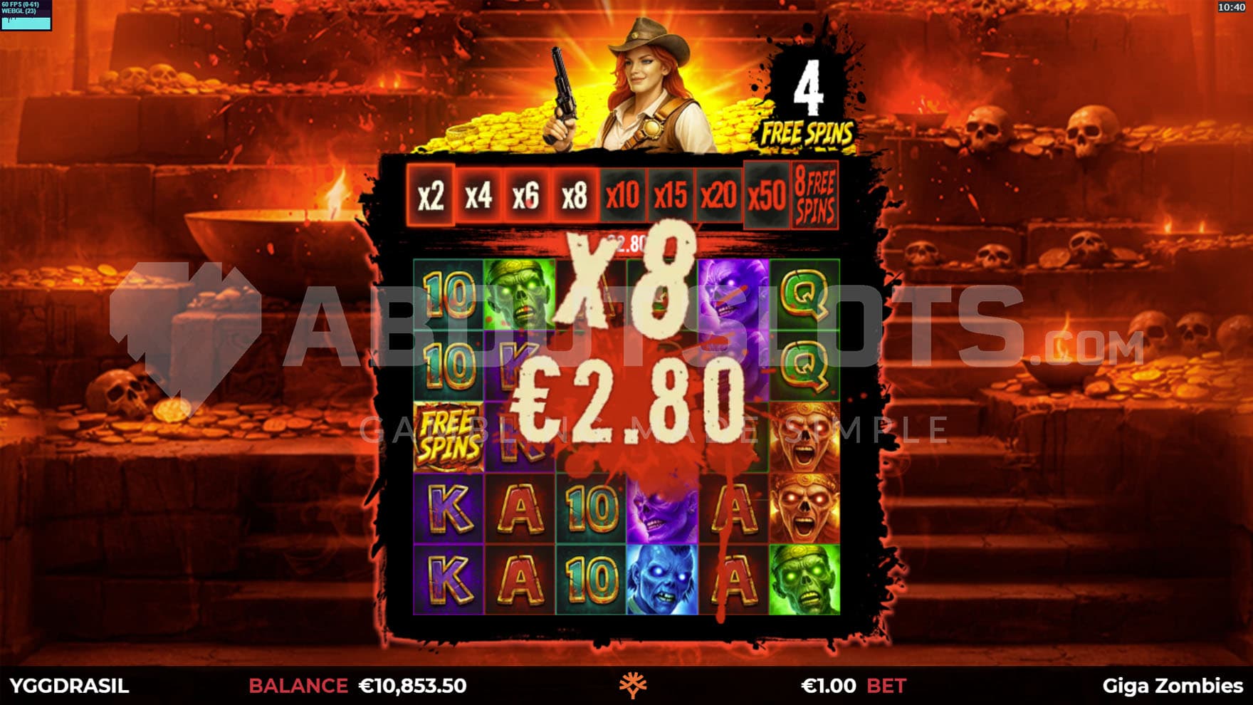 Free Spins bonus in progress, showing the progressive multiplier increased to x8.