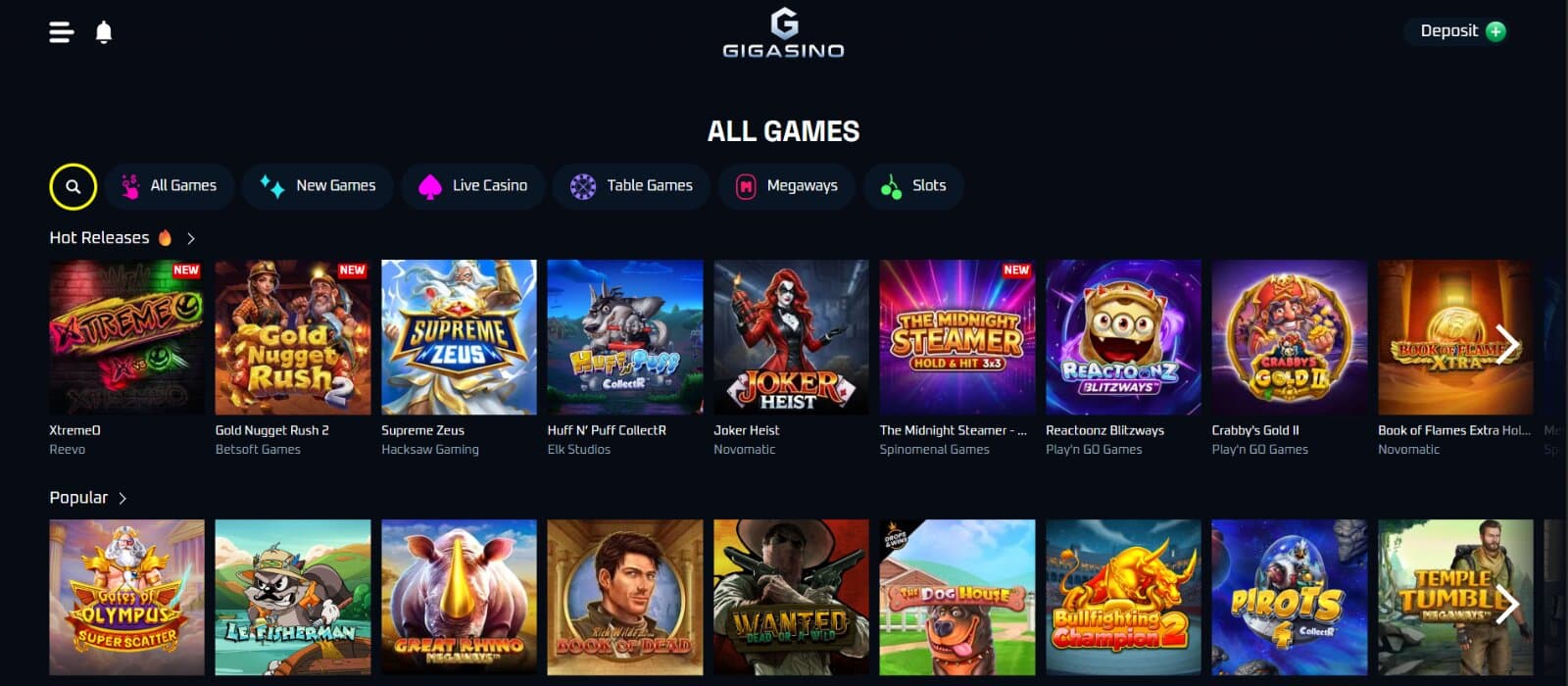 Gigasino Casino games page featuring the lobby category tabs, popular and hot releases sections with slot icons