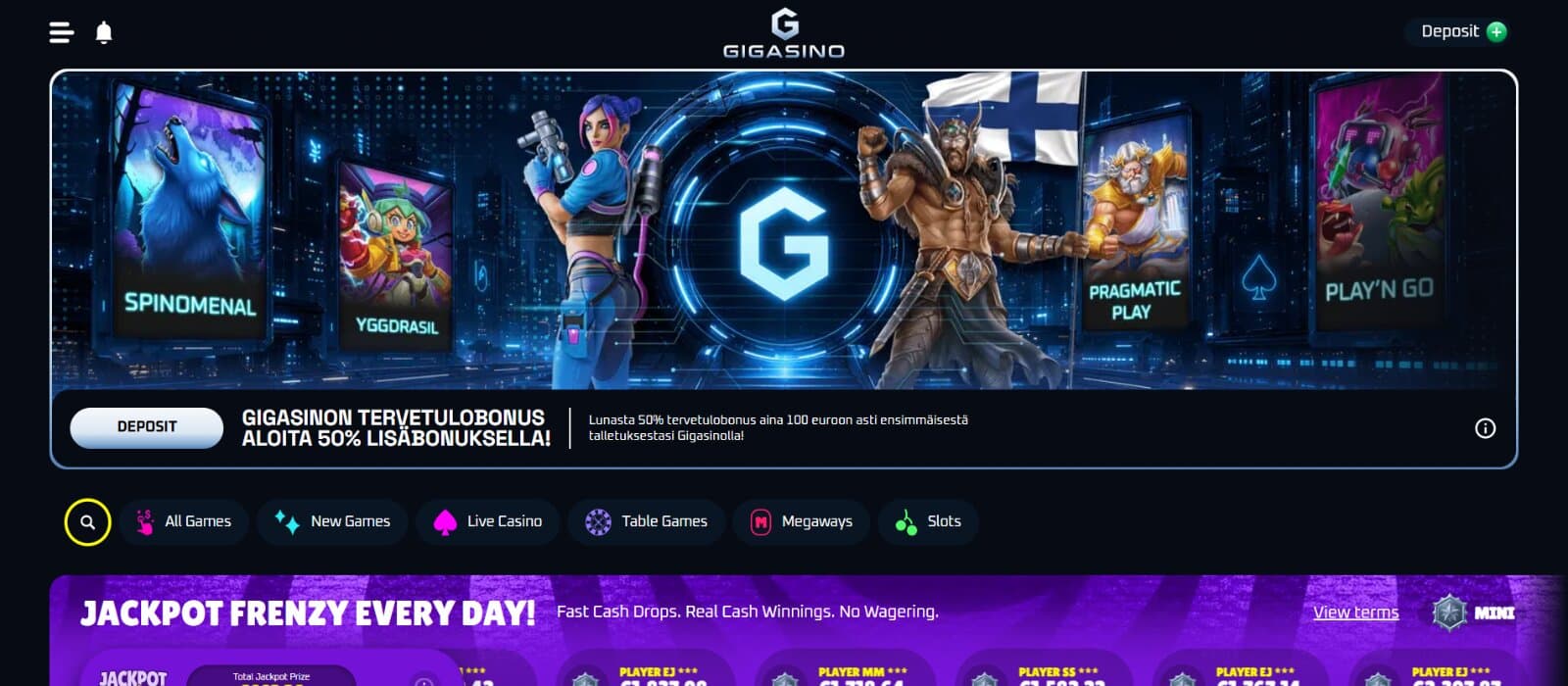 Gigasino Casino landing page featuring regional reload promotion banner, game tab categories, and jackpot frenzy banner