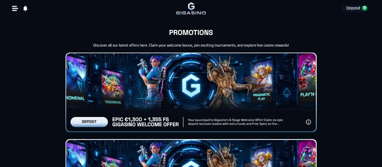 Gigasino Casino promotions page featuring the welcome offer, tournaments, and loyalty club