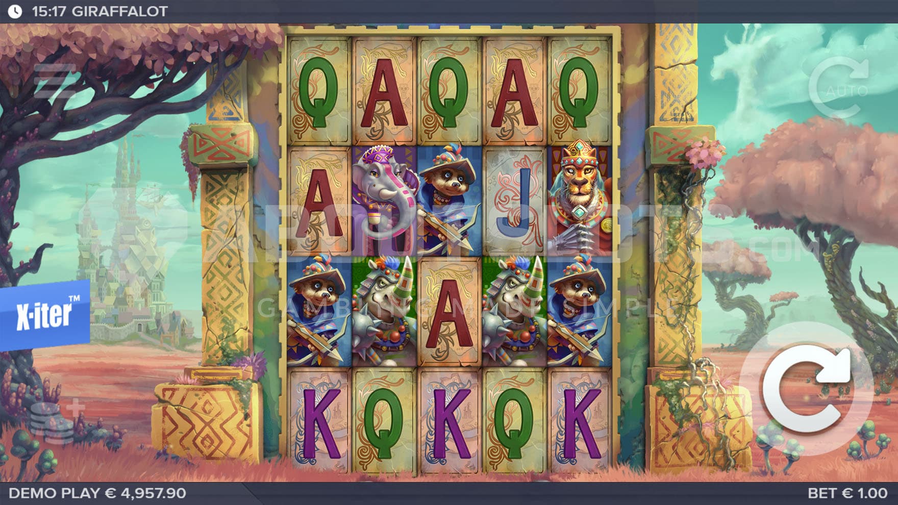 Base Game view of a 5x4 grid on a backdrop of a magical fantasy land with a castle in the distance.