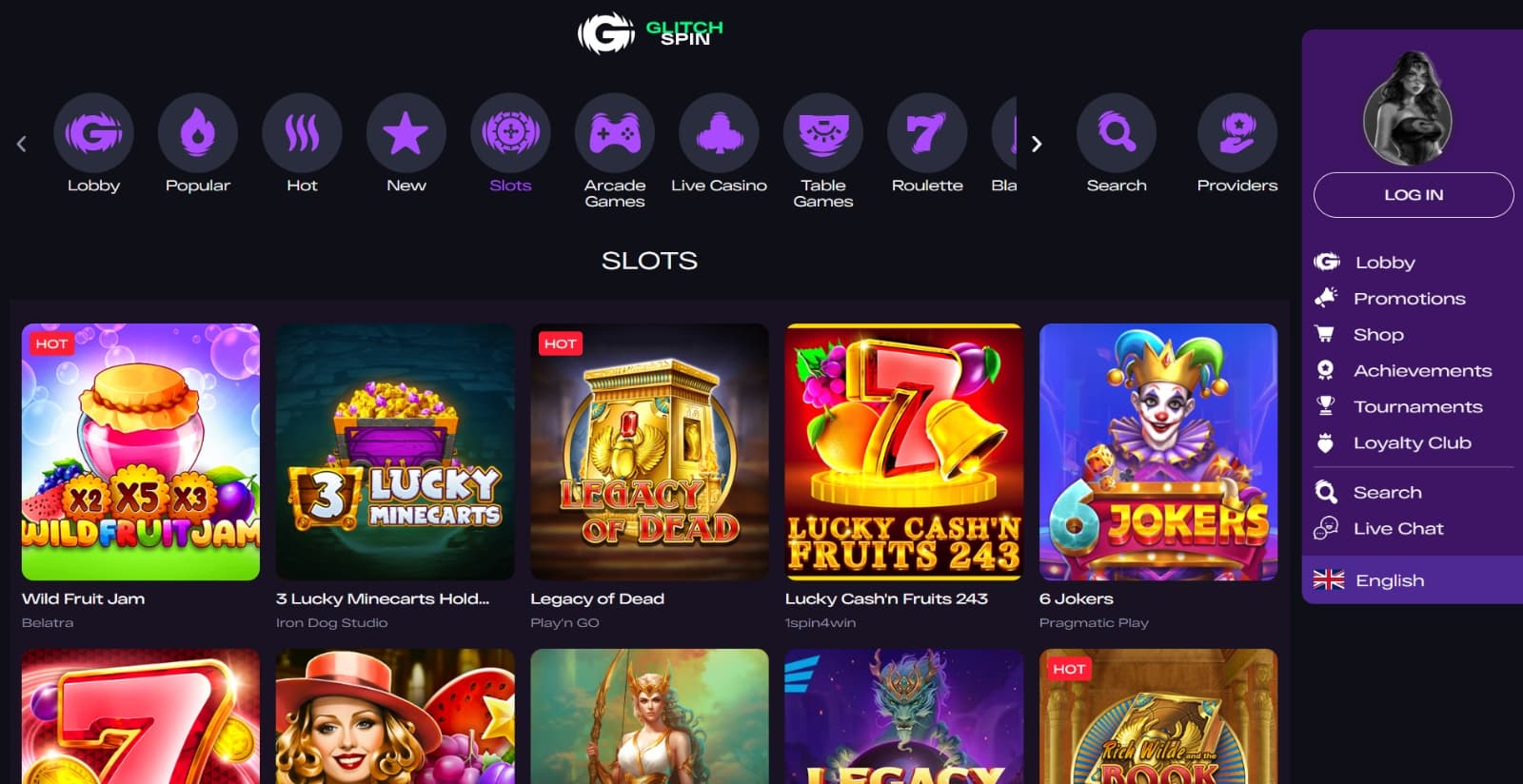 GlitchSpin Casino's games page featuring slot icons under game categories such as Bonus Buys, Table Games, Live Casinos, Arcade, New, Popular and provider filter